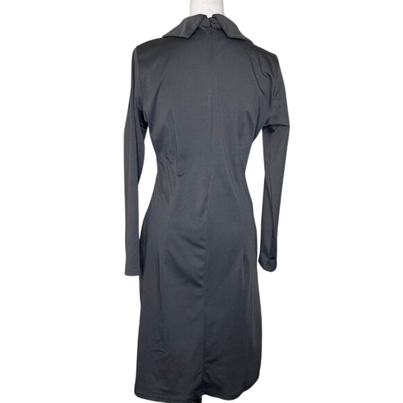 Black Pleated Accent Button Long Sleeve Fauz Wrap Collared Zip Up Dress - Picture 3 of 9